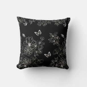 Zwart-wit Bloemen Natuur Patroon Minimalistisch Kussen
