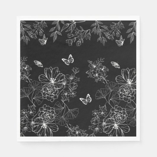 Zwart-wit Bloemen Natuur Patroon Minimalistisch Servet (Voorkant)