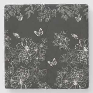 Zwart-wit Bloemen Natuur Patroon Minimalistisch Stenen Onderzetter