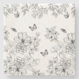 Zwart-wit Bloemen Natuur Patroon Minimalistisch Stenen Onderzetter