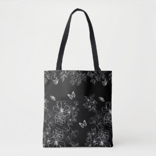 Zwart-wit Bloemen Natuur Patroon Minimalistisch Tote Bag