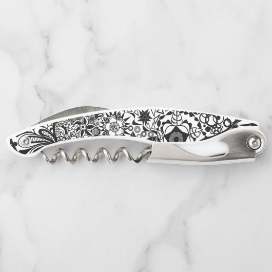 Zwart-wit Bloemen Ober's Kurkentrekker (Achterkant)