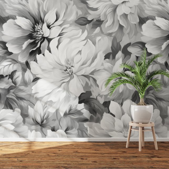 Zwart & Wit Bloemen: Olieverfschilderij Peel & Sti Behang (Black & White Blooms: Oil Painting Peel & Stick Wallpaper)