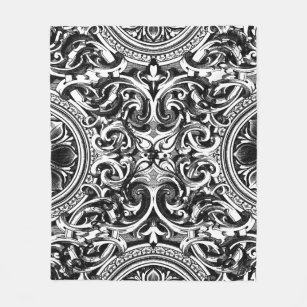 Zwart & Wit Bloemen Ornament Barok Stijl Fleece Deken