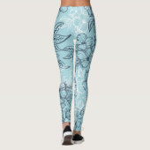 Zwart-wit bloemen ornement blauw leggings (Achterkant)