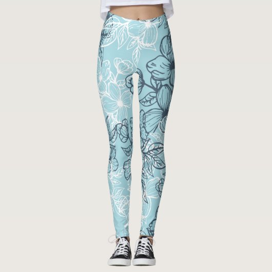 Zwart-wit bloemen ornement blauw leggings (Voorkant)
