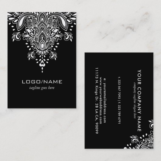 Zwart & Wit  Bloemen Paisley Ornament Visitekaartje (Voorkant / Achterkant)