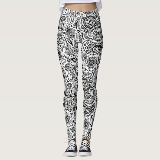 Zwart & Wit  Bloemen Paisley Patroon Leggings (Voorkant)