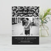 Zwart-wit Bloemen Patroon Foto Opslaan Onze Datum Save The Date (Staand voorkant)