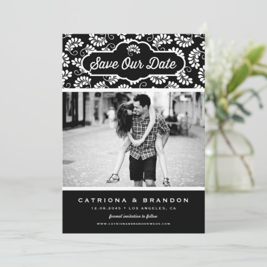 Zwart-wit Bloemen Patroon Foto Opslaan Onze Datum Save The Date (Staand voorkant)