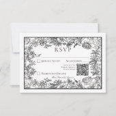Zwart & Wit Bloemen QR Code Bruiloft RSVP Kaartje (Voorkant)