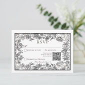 Zwart & Wit  Bloemen QR Code Bruiloft RSVP Kaartje (Staand voorkant)