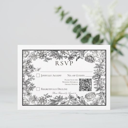 Zwart & Wit Bloemen QR Code Bruiloft RSVP Kaartje (Staand voorkant)