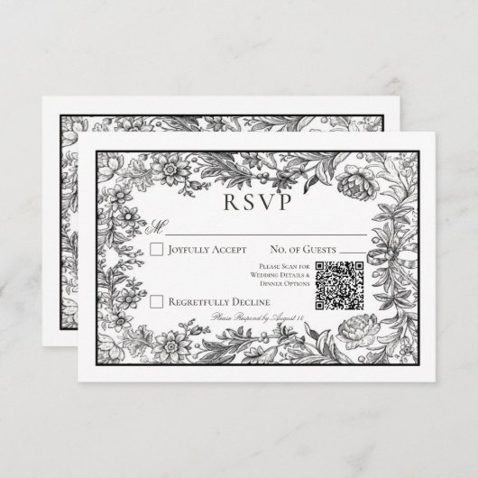 Zwart & Wit Bloemen QR Code Bruiloft RSVP Kaartje (Voorkant / Achterkant)