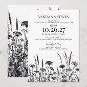 Zwart-wit bloemen repetitie diner kaart (Voorkant / Achterkant)