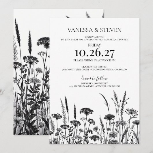 Zwart-wit bloemen repetitie diner kaart (Voorkant / Achterkant)