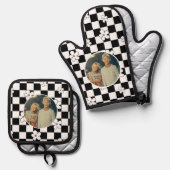 Zwart-wit Bloemen Schaakbord Custom Photo Ovenwant & Pannenlap Set (Voorkant / Achterkant)