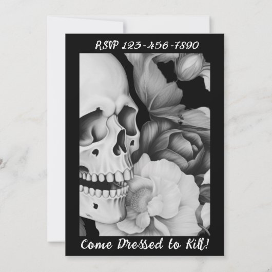Zwart & Wit Bloemen Schedel Halloween Uitnodiging (Achterkant)