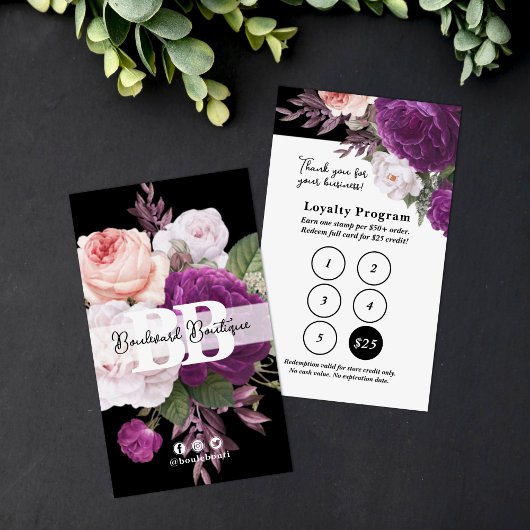 Zwart & Wit Bloemen Service Loyaliteit 5-Stamp Pun Visitekaartje