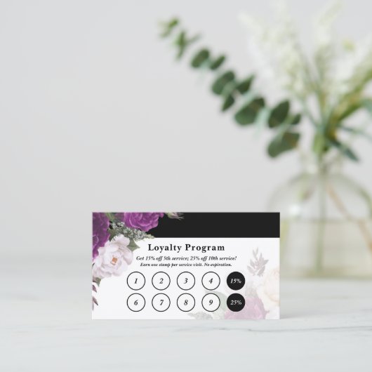 Zwart & Wit  Bloemen Service Loyaliteit Stempel Visitekaartje (Staand voorkant)