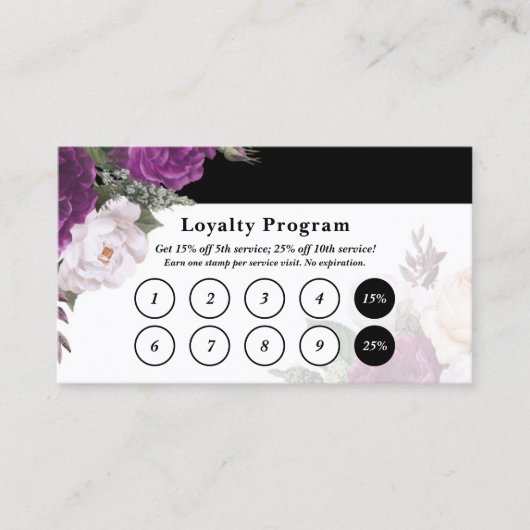 Zwart & Wit  Bloemen Service Loyaliteit Stempel Visitekaartje (Voorkant)