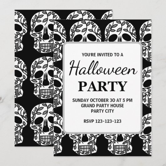 Zwart-wit Bloemen Skull Halloween Party Kaart (Voorkant / Achterkant)