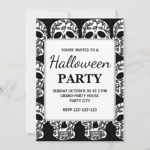 Zwart-wit Bloemen Skull Halloween Party Kaart