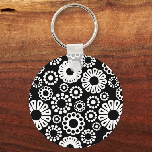 Zwart-wit bloemen Sleutelhanger (Voorkant)