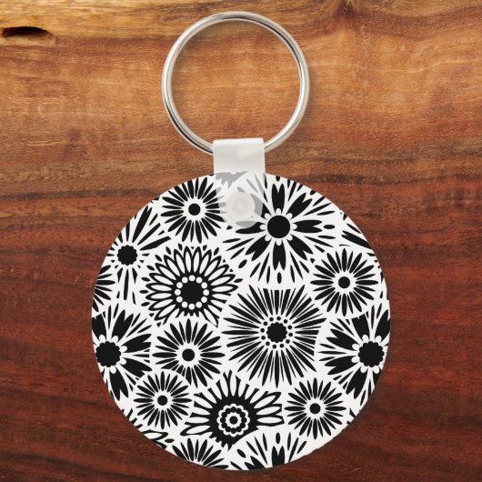 Zwart-wit bloemen Sleutelhanger (Voorkant)