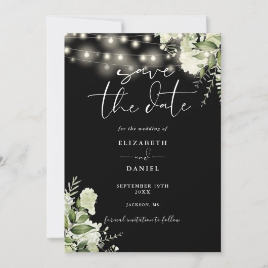 Zwart-wit Bloemen String Lights Foto Bruiloft Save The Date (Voorkant)