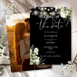 Zwart-wit Bloemen String Lights Foto Bruiloft Save The Date