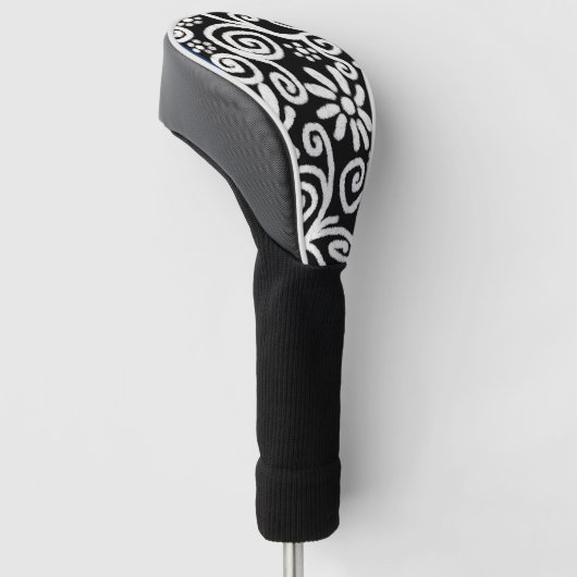 Zwart Wit Bloemen & Swirls Bloemen Swirl Golfheadcover (Schuin)
