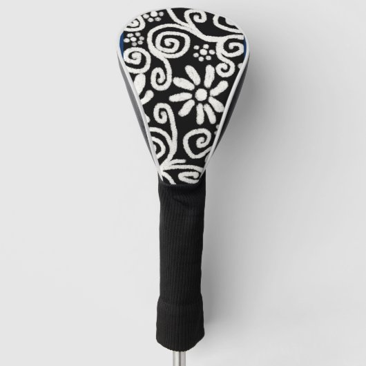 Zwart Wit Bloemen & Swirls Bloemen Swirl Golfheadcover (Voorkant)