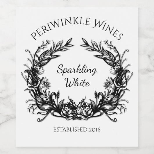 Zwart Wit Bloemen Swirls Wijnlabel Wijn Etiket (Enkel label)