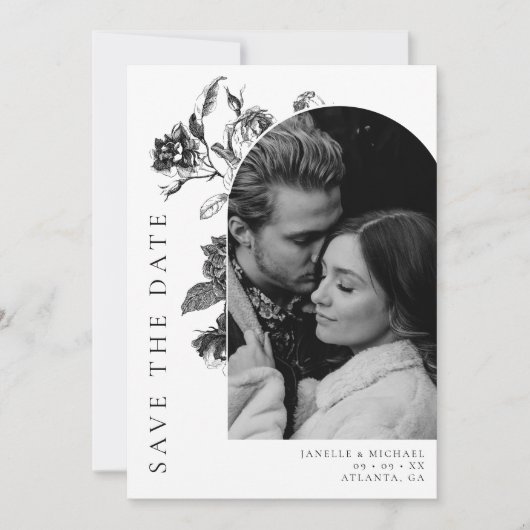 Zwart & Wit Bloemen Tegel Arch Foto Bruiloft Save The Date (Voorkant)