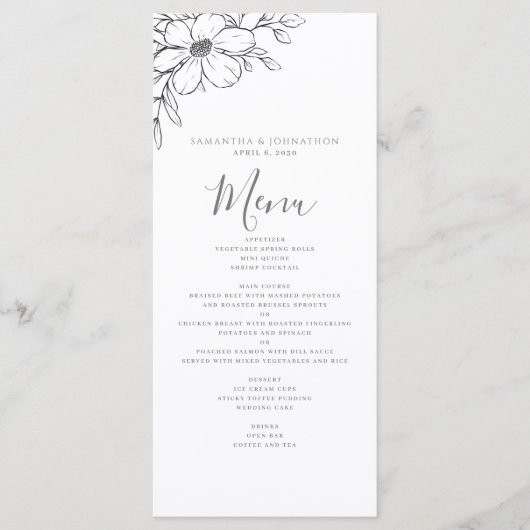 Zwart Wit Bloemen Tekening Huwelijk Flat Menu (Voorkant)