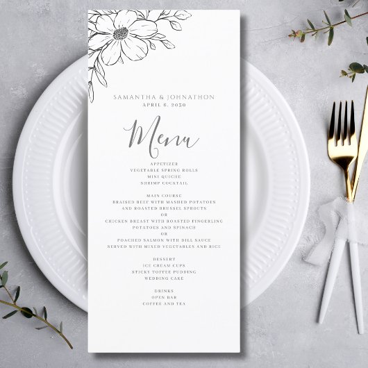 Zwart Wit Bloemen Tekening Huwelijk Flat Menu