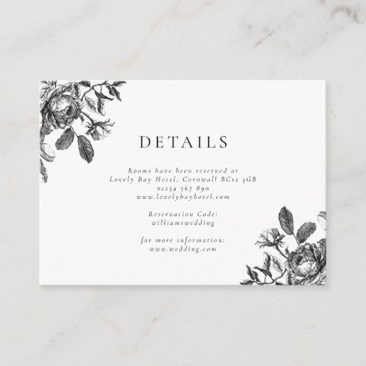 Zwart & Wit Bloemen Toile Trouwen Informatiekaartje (Voorkant)