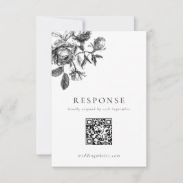 Zwart & Wit Bloemen Toile Trouwen QR Code RSVP Kaartje
