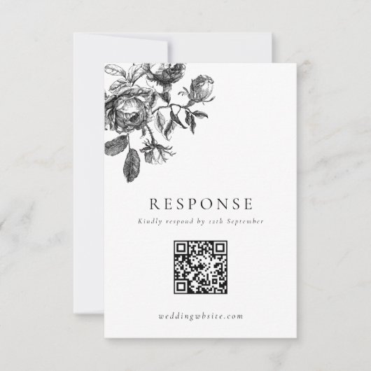 Zwart & Wit Bloemen Toile Trouwen QR Code RSVP Kaartje (Voorkant)
