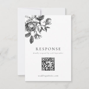 Zwart & Wit Bloemen Toile Trouwen QR Code RSVP Kaartje