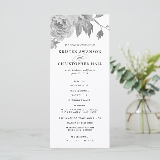 Zwart-wit Bloemen Trouwprogramma Programmakaart (Staand voorkant)