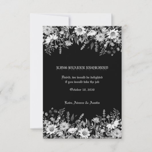 Zwart Wit Bloemen Trouwring Drager Enclosure Bedankkaart (Voorkant)
