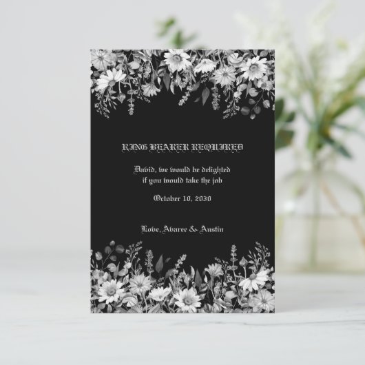 Zwart Wit Bloemen Trouwring Drager Enclosure Bedankkaart (Staand voorkant)