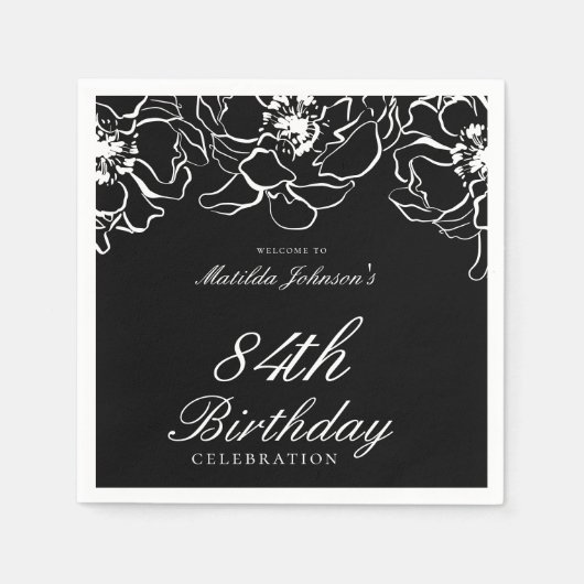 Zwart Wit Bloemen Verjaardag Party Papier Servet (Voorkant)