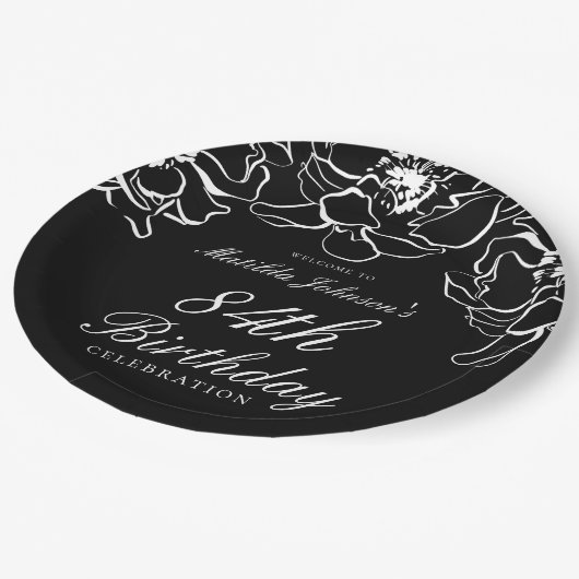 Zwart Wit Bloemen Verjaardagsfeest Papieren Bordje (Gekanteld)