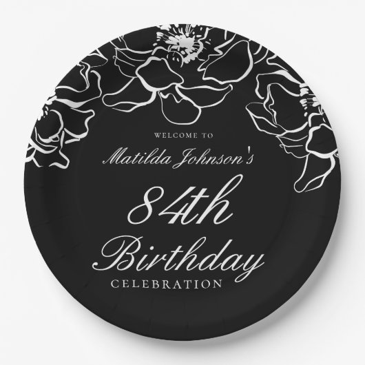 Zwart Wit Bloemen Verjaardagsfeest Papieren Bordje (Voorkant)