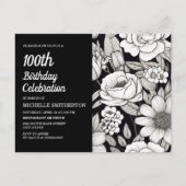 Zwart Wit Bloemen Vrouwen 100e Verjaardag Uitnodiging Briefkaart (Voorkant)