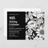 Zwart Wit Bloemen Vrouwen 90ste Verjaardag Uitnodiging Briefkaart (Voorkant / Achterkant)