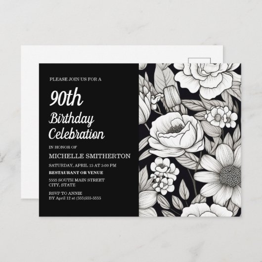 Zwart Wit Bloemen Vrouwen 90ste Verjaardag Uitnodiging Briefkaart (Voorkant / Achterkant)